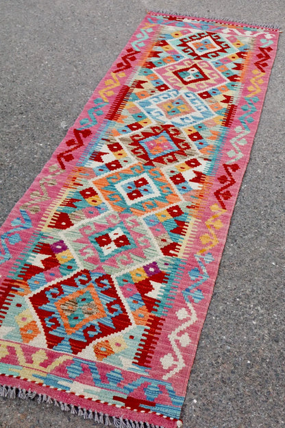 Tapis Kilim Afghan Couloir Traditionnel Rose - 202 x 65 cm Néda