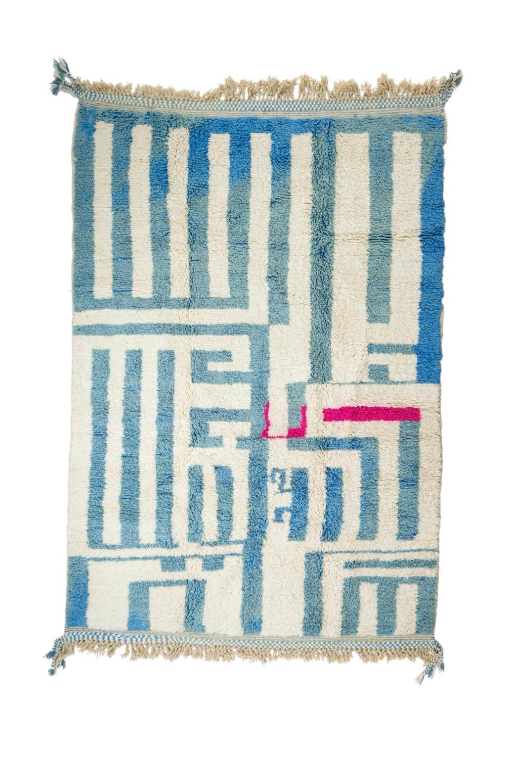 Beni Ouarain Alfombra bereber moderna azul cielo blanca - 315 x 207 cm