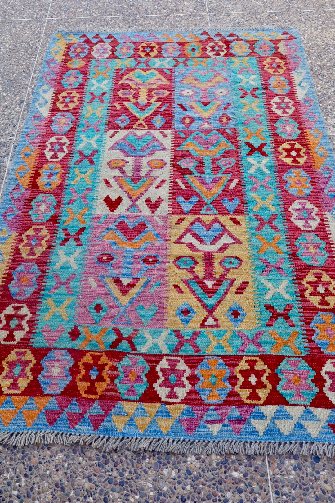 Traditional pink and blue Afghan kilim carpet- 191 x 121 cm