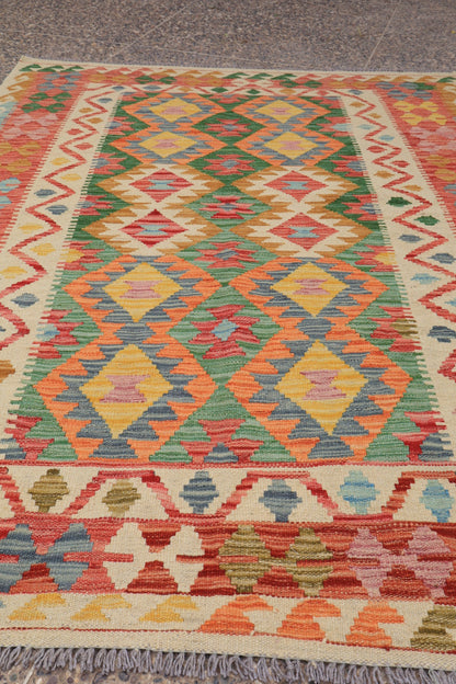 Tappeto Kilim afghano tradizionale in lana Terracotta Arancione Verde - 203 x 147 cm