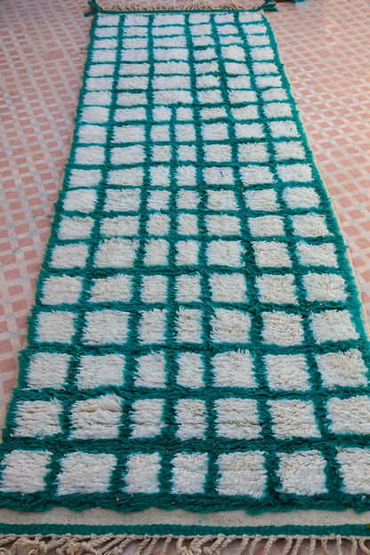 Berber carpet azilal with reverse checkered with green fir tree - 300 x 100 cm