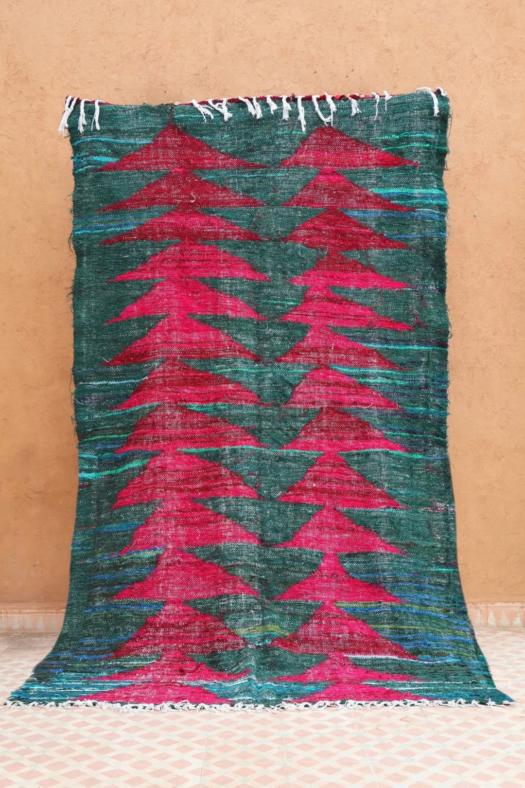 Tapis Berbère Coloré Kilim Boucherouite Vert Sapin et Bordeaux  - 248 x 145 cm Néda