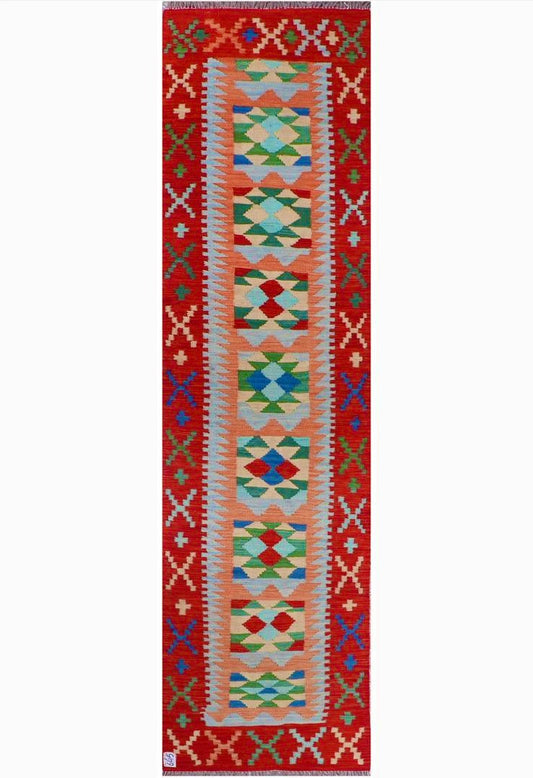 Tapis kilim afghan de couloir coloré  rouge orange multicolore tapis kilim de couloir en laine fait main 