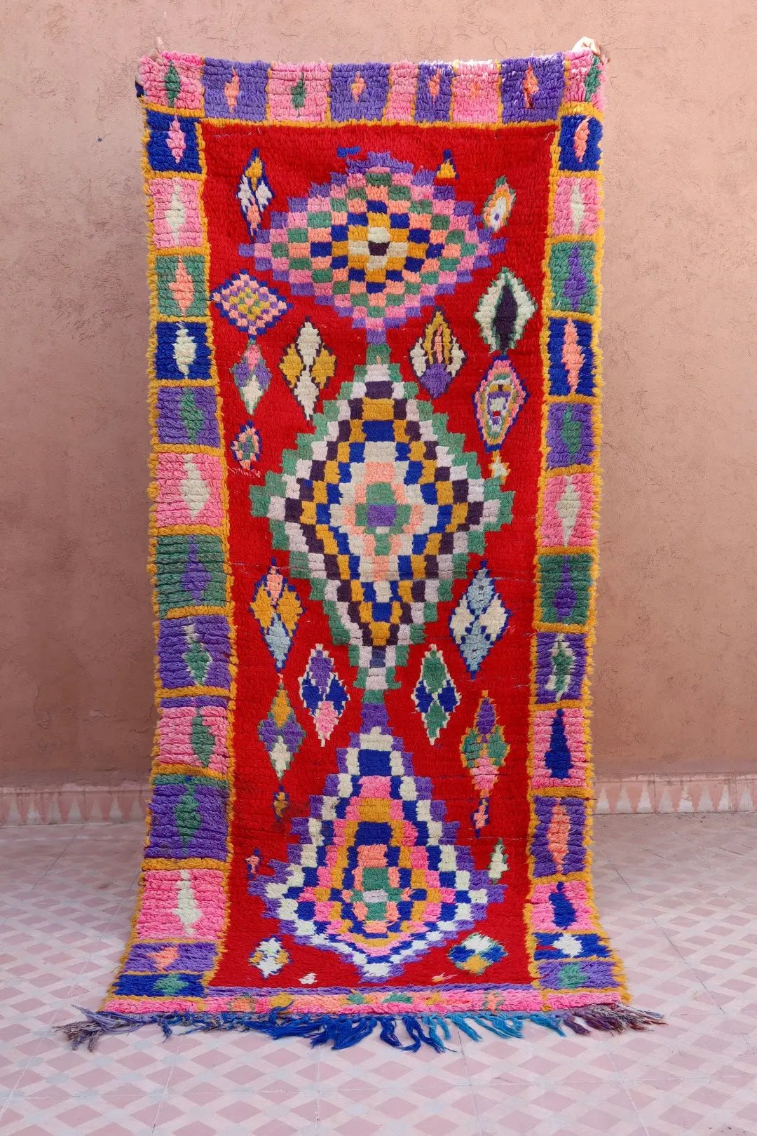 Tapis Berbère Azilal Vintage de Couloir Coloré Rouge - 214 x 91 cm Néda