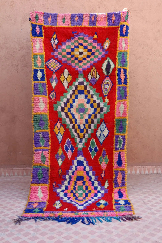 Tapis Berbère Azilal Vintage de Couloir Coloré Rouge - 214 x 91 cm Néda