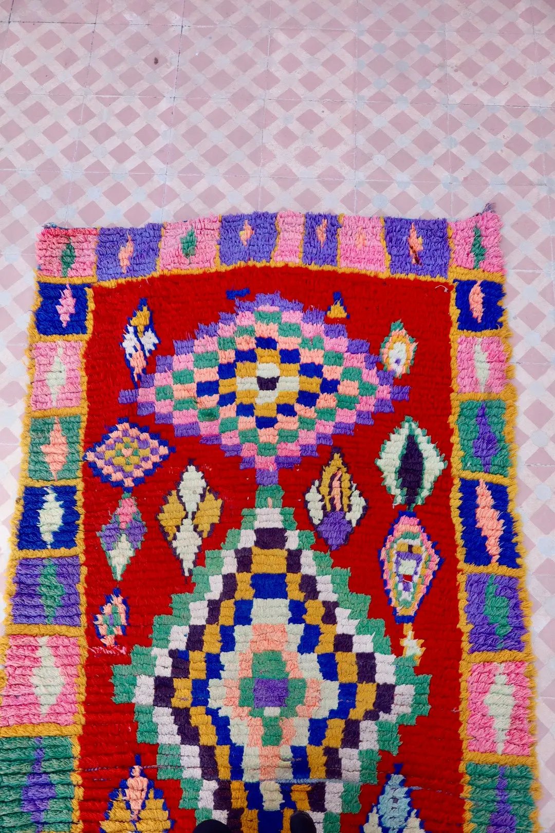 Tapis Berbère Azilal Vintage de Couloir Coloré Rouge - 214 x 91 cm Néda