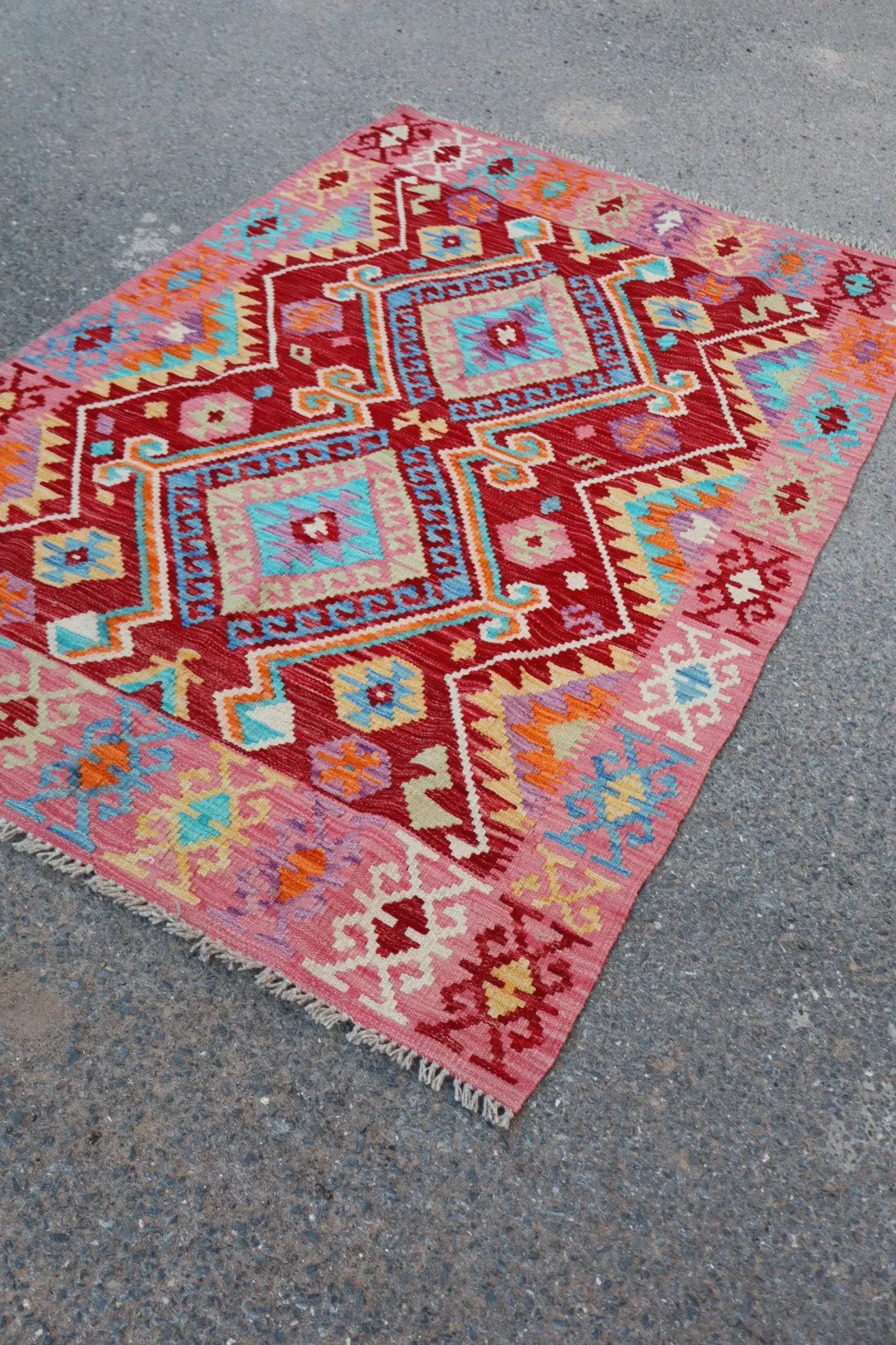 Tapis Kilim Afghan Traditionnel Rouge Rose - 178 x 125 cm Néda