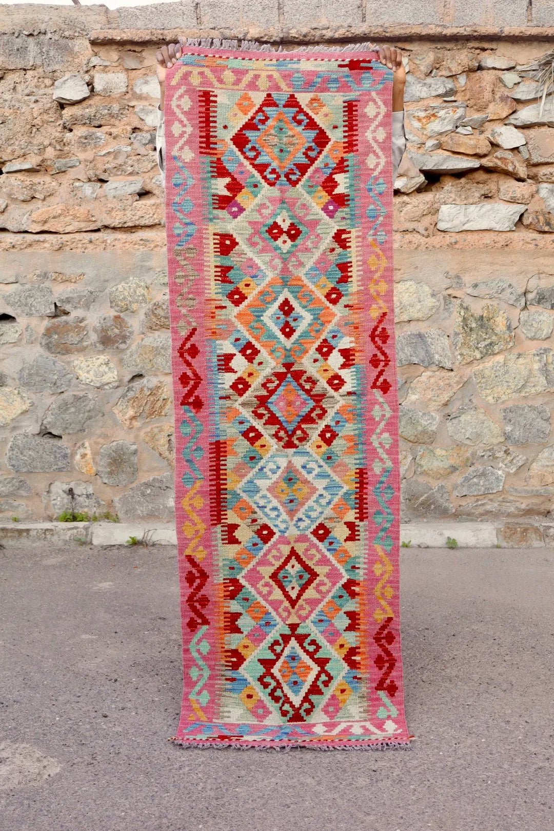 Tapis Kilim Afghan Couloir Traditionnel Rose - 202 x 65 cm Néda