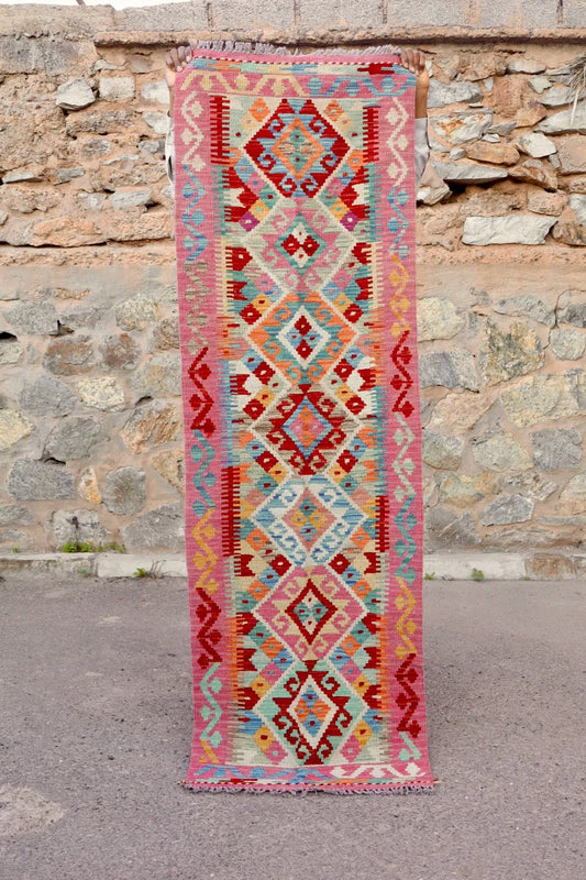 Tapis Kilim Afghan Couloir Traditionnel Rose - 202 x 65 cm Néda
