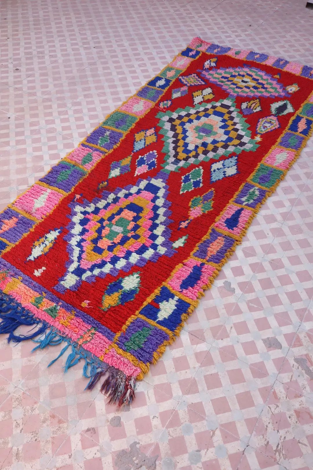 Tapis Berbère Azilal Vintage de Couloir Coloré Rouge - 214 x 91 cm Néda