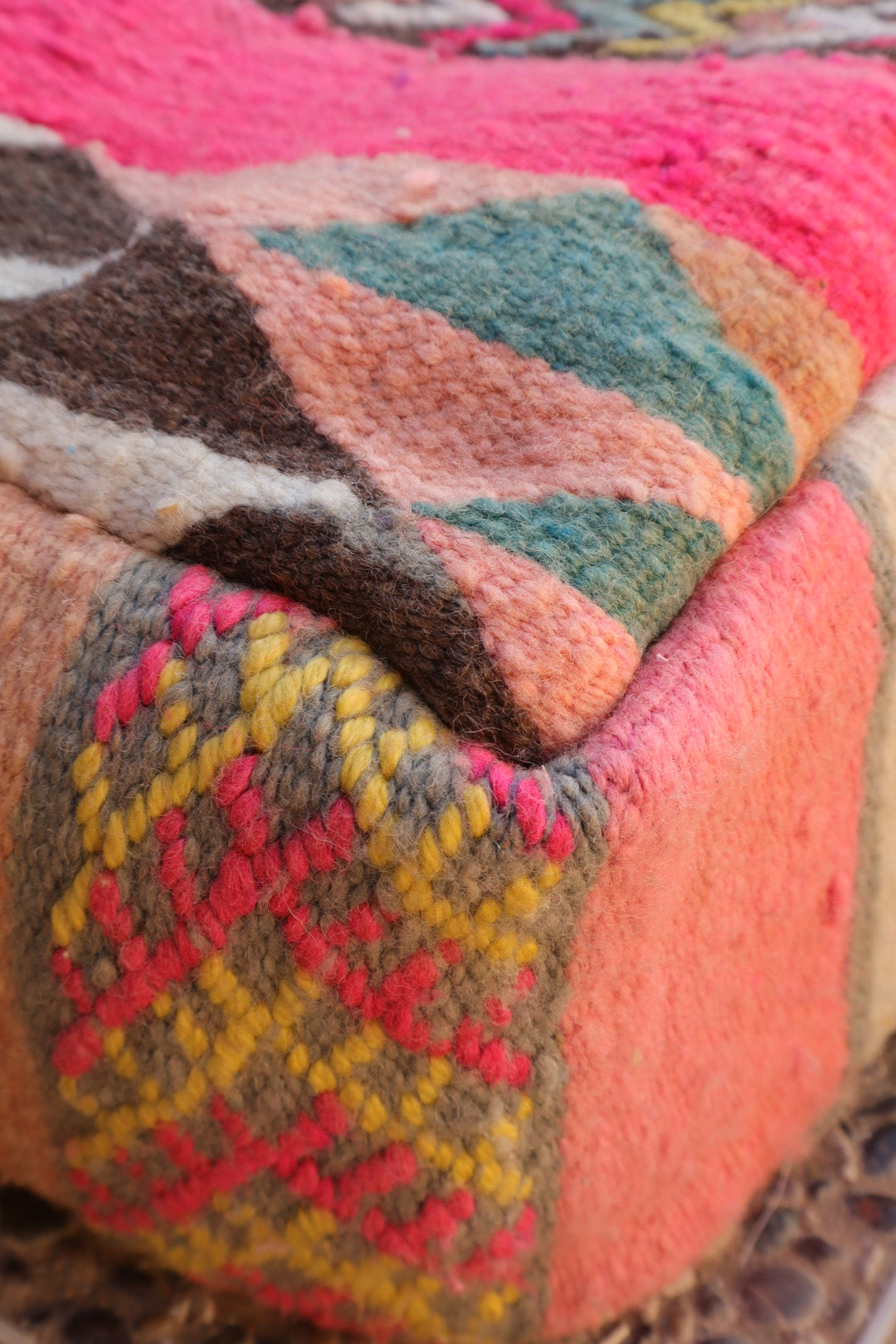 Multicolored and Fluorescent Pink Kilim Berber Pouf