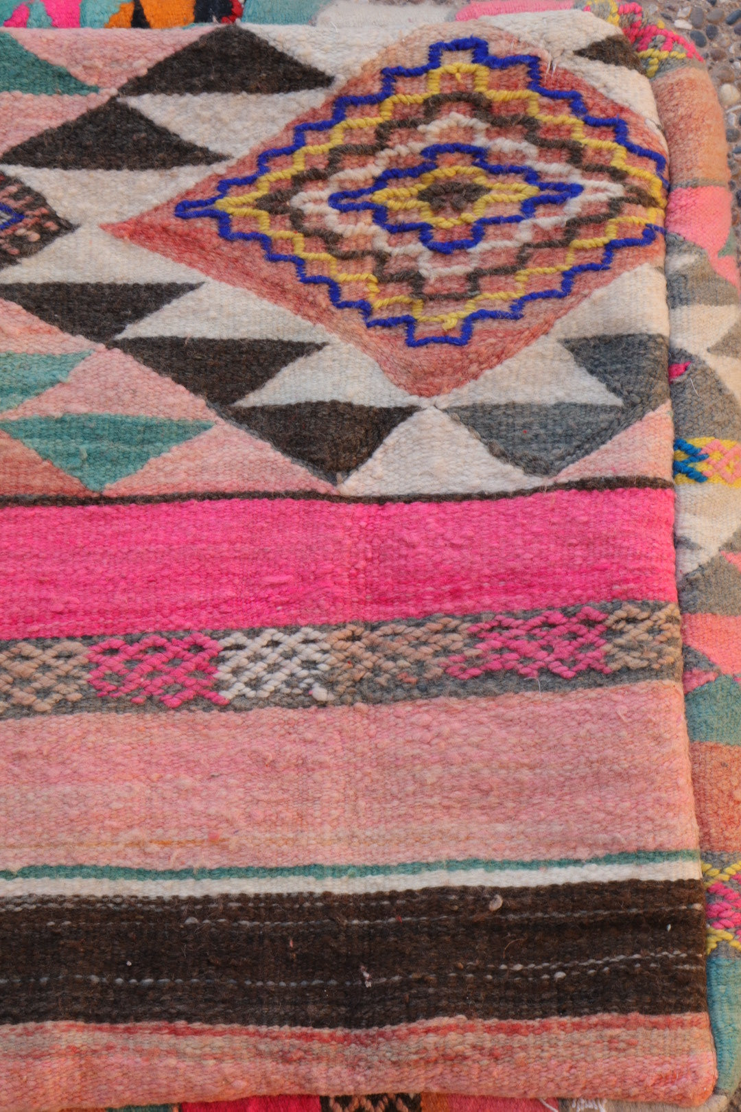 Multicolored and Fluorescent Pink Kilim Berber Pouf