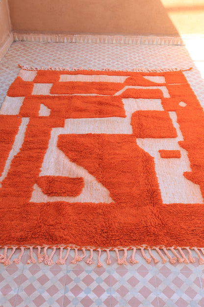 Tapis Berbère Béni Ouarain Moderne Orange Destructuré - 214 x 167 cm