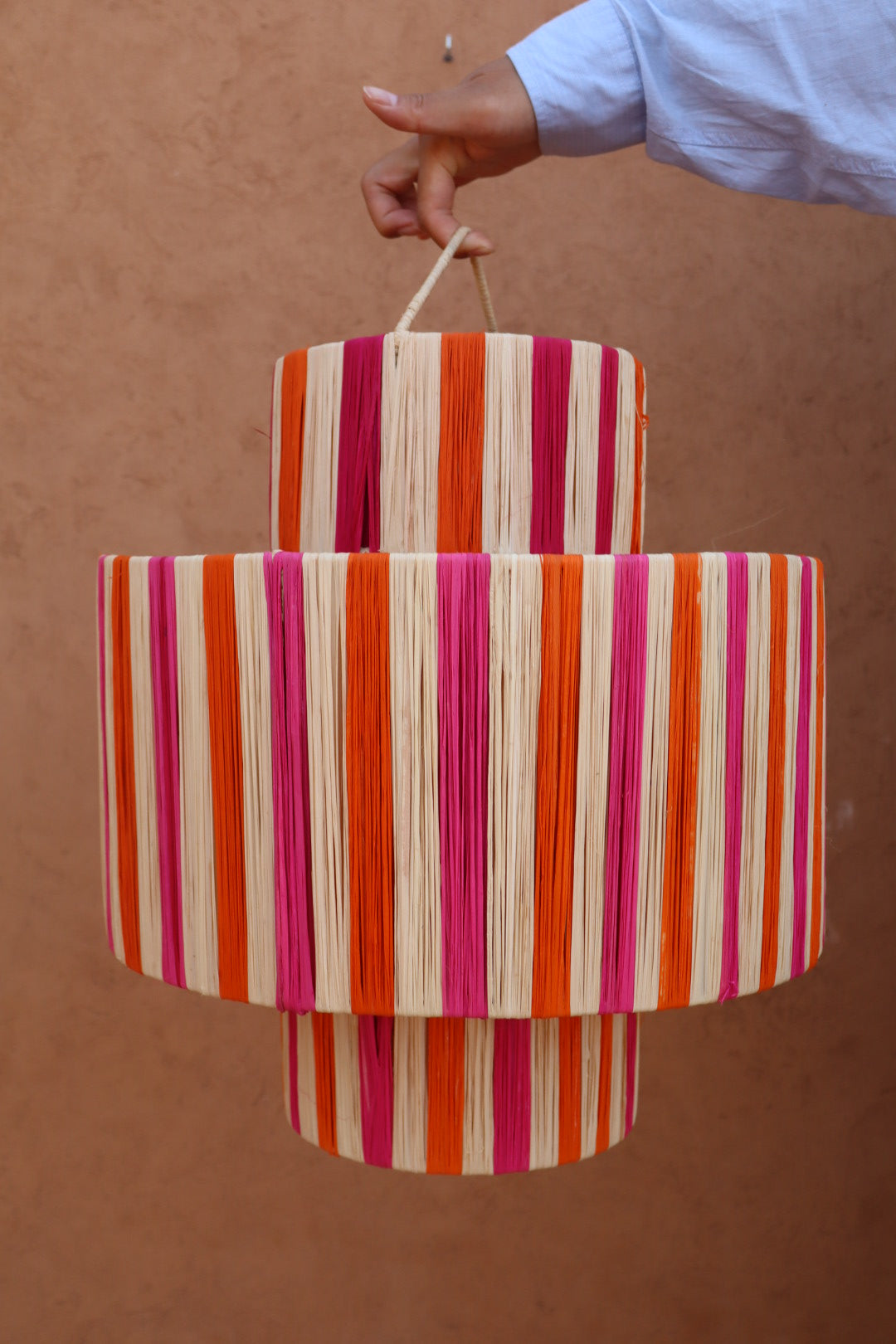 Pink, orange and natural raphia suspension - "Sunny"