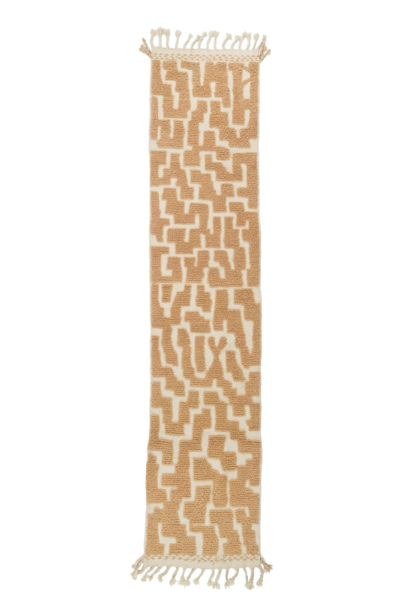 Tapis Berbère Béni Ouarain de Couloir Beige Foncé Motifs Creusés Abstraits- 334 x 72 cm