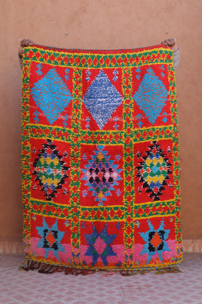 Tapis berbère Azilal rouge à motifs multicolore tapis berbère vintage multicolore descente de lit rouge à motifs multicolores 