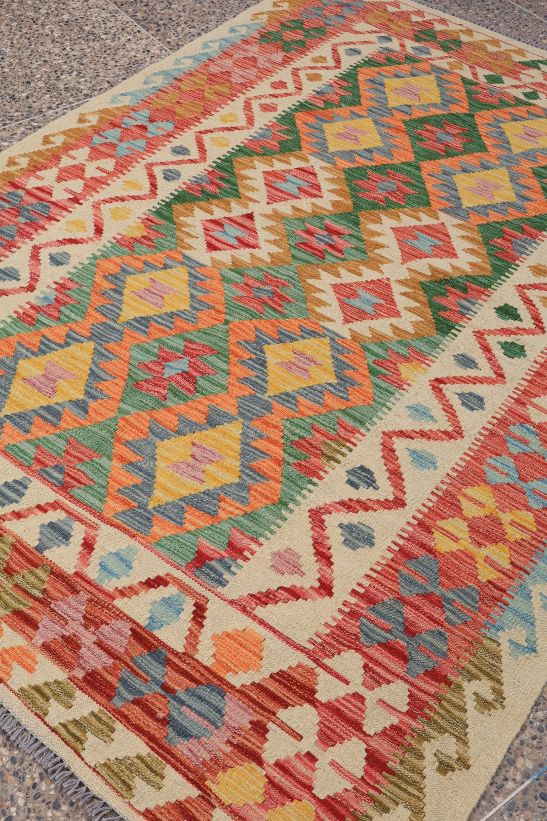 Tappeto Kilim afghano tradizionale in lana Terracotta Arancione Verde - 203 x 147 cm