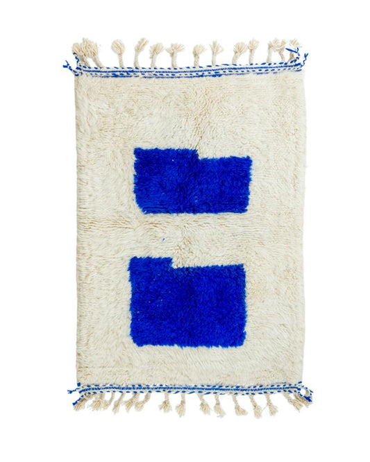 Tapis Berbère Béni Ouarain Blanc et  Bleu Majorelle Moderne- 162 x 111 cm