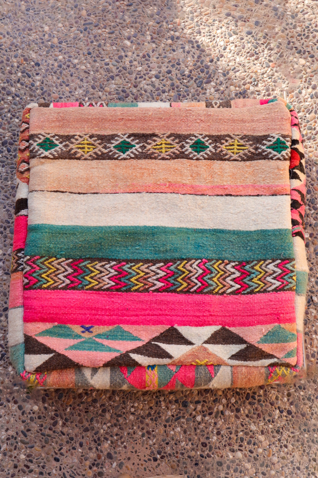 Multicolored and Fluorescent Pink Kilim Berber Pouf