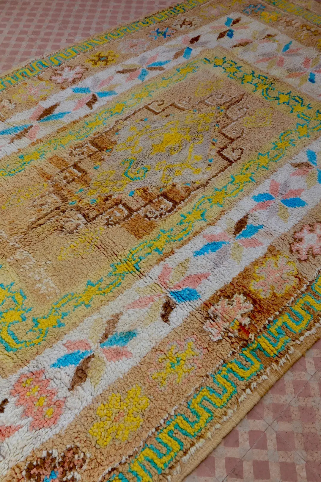 Tapis Berbère Ancien Jaune Pâle Beige Bleu- 345 x 193 cm Néda