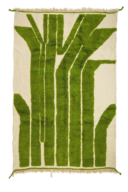 Beni Ouarain Modern Green and Cream Berber Carpet "Tree" - 300 x 192 cm and