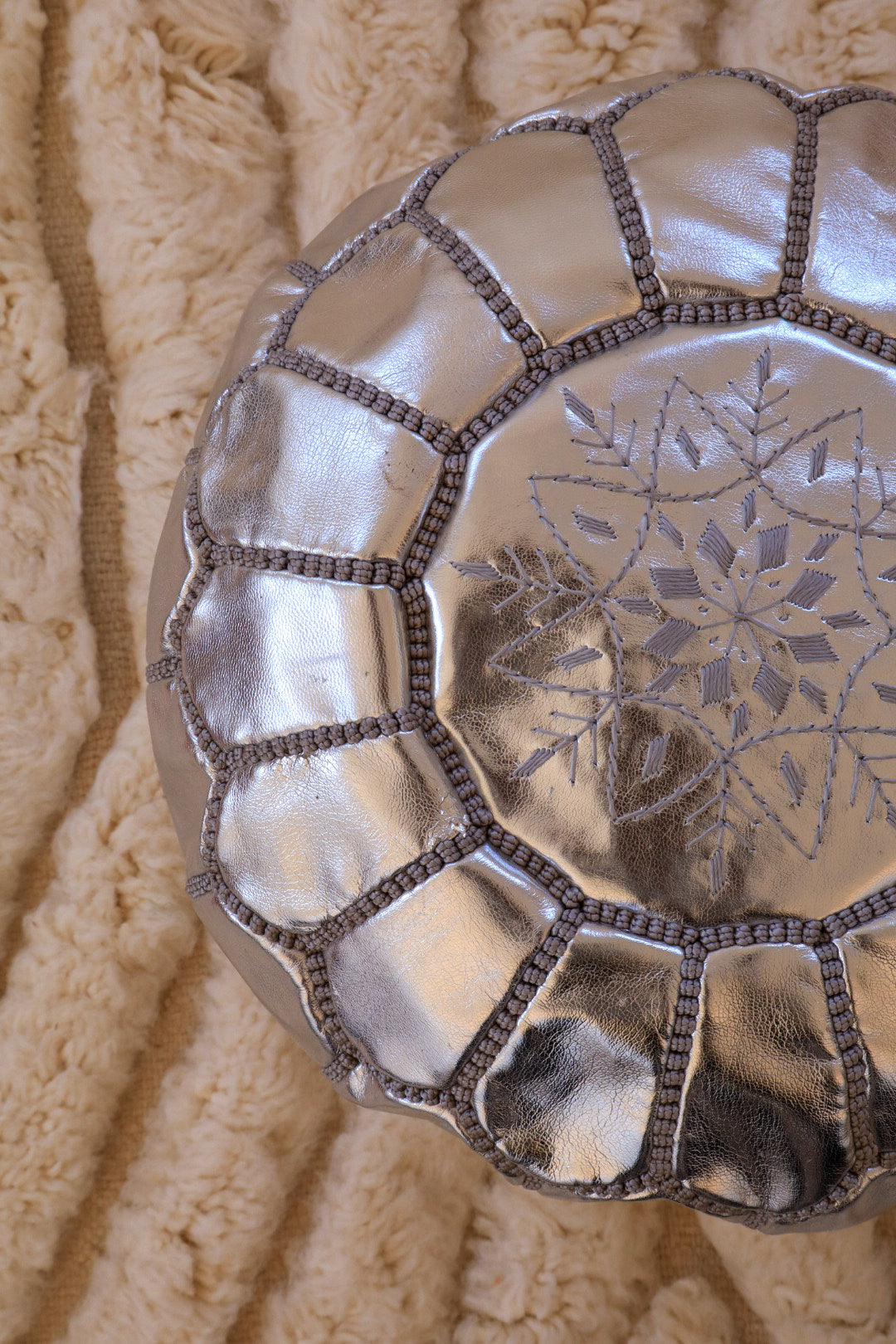 Moroccan Silver Ottoman Pouf in Vegan Leather