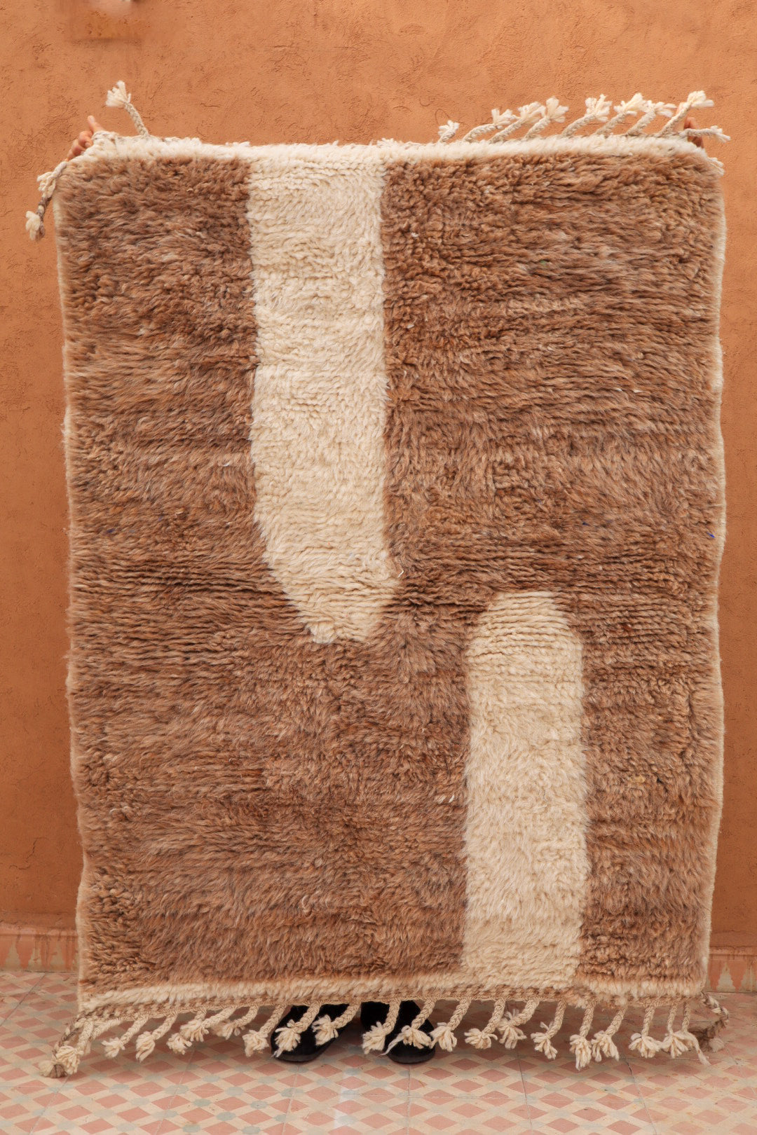 Tapis Berbère Béni Ouarain Moderne Coloré Marron Beige Foncé Blanc - 158 x 115 cm