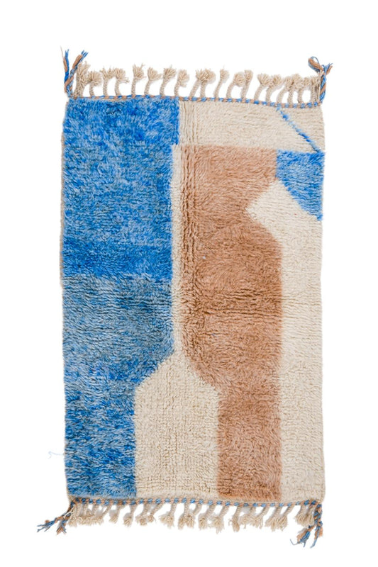 Tapis berbère béni ouarain contemporain moderne fait-main bleu clair et beige épais et doux 