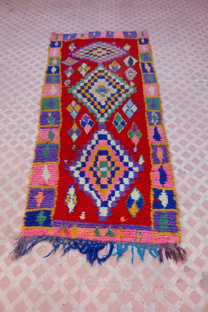 Tapis Berbère Azilal Vintage de Couloir Coloré Rouge - 214 x 91 cm Néda