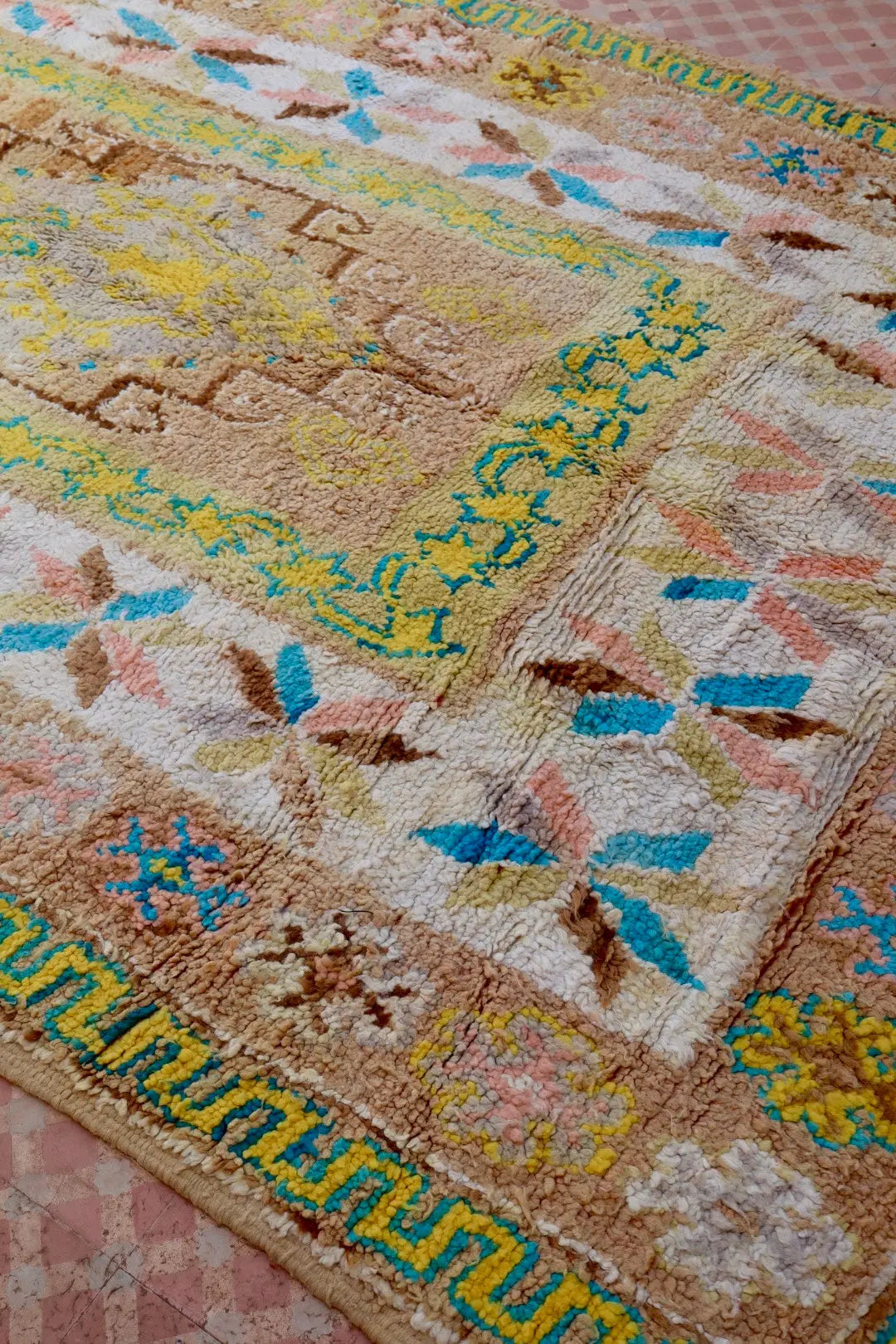 Tapis Berbère Ancien Jaune Pâle Beige Bleu- 345 x 193 cm Néda