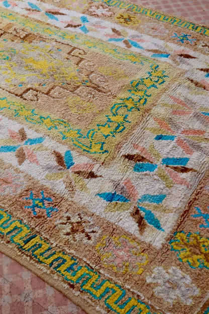 Tapis Berbère Ancien Jaune Pâle Beige Bleu- 345 x 193 cm Néda