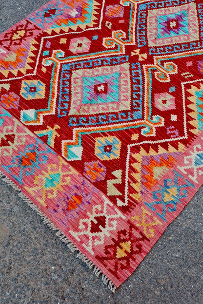Tapis Kilim Afghan Traditionnel Rouge Rose - 178 x 125 cm Néda