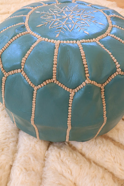 Light Blue Moroccan Leather Ottoman Pouf