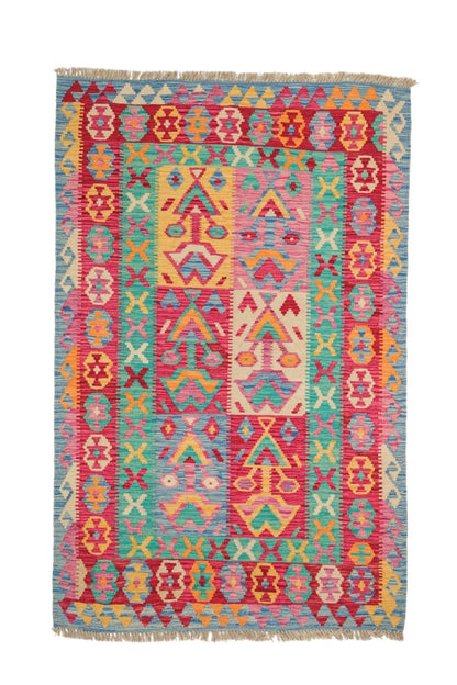 Alfombra de kilim afgano rosa y azul tradicional- 191 x 121 cm