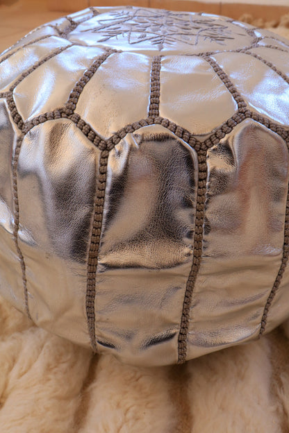 Moroccan Silver Ottoman Pouf in Vegan Leather