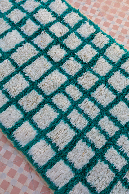 Berber carpet azilal with reverse checkered with green fir tree - 300 x 100 cm