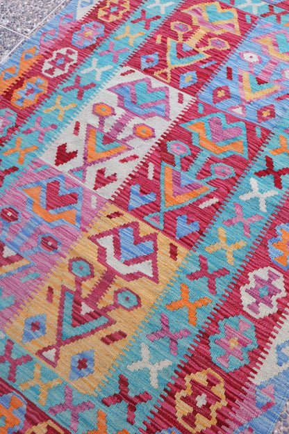 Traditionele roze en blauw Afghaanse kilim tapijt- 191 x 121 cm