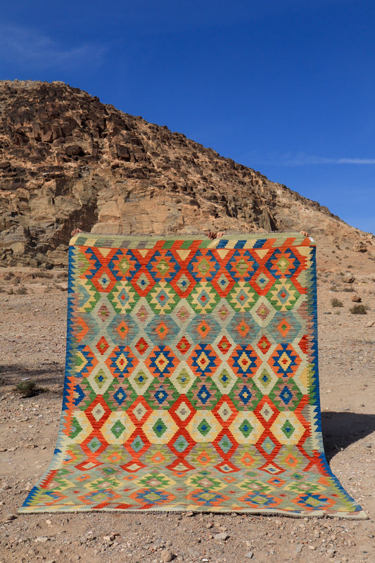 Grand Tapis kilim afghan multicolore fait-main en laine tapis kilim afghan traditionnel coloré 