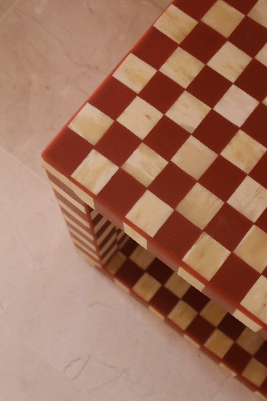 Checkerboard Cube in Bone and Terracotta Resin - “MAT"