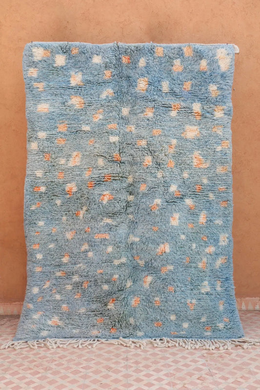 Tapis Berbère Bleu Clair à Pois Orange & Blanc Béni Ouarain Qualité Supérieure - 220 x 140 cm Néda