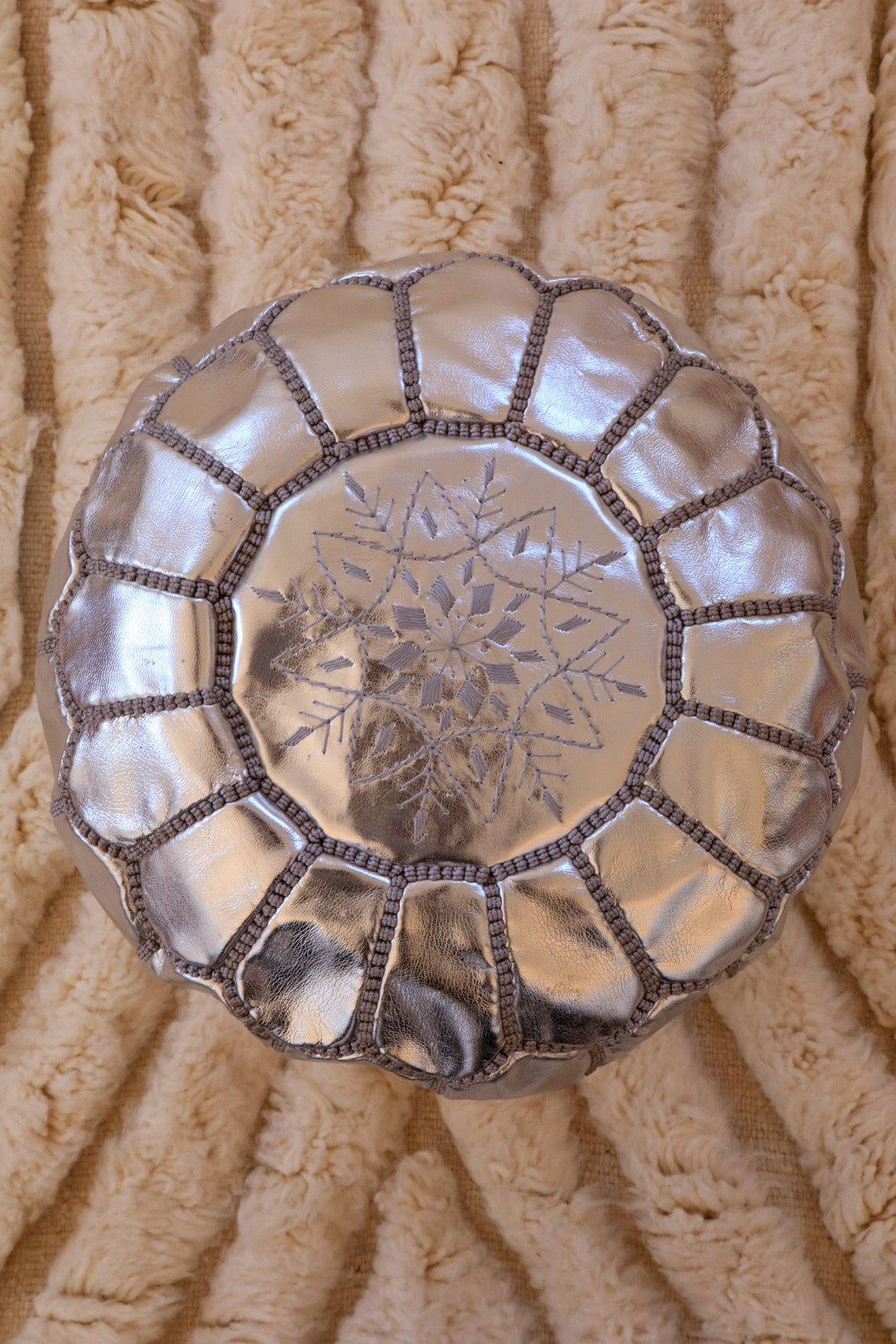 Moroccan Silver Ottoman Pouf in Vegan Leather