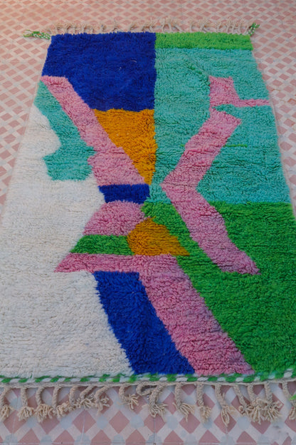 Beni Ouarain Alfombra Bereber Moderna Majorelle Azul Verde Rosa - 190 x 120 cm