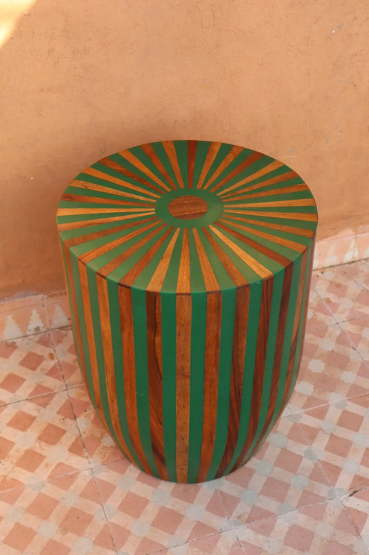 Tavolino Rotondo a Righe Verde e Legno in Intarsio di Legno e Resina- SOLIS Néda