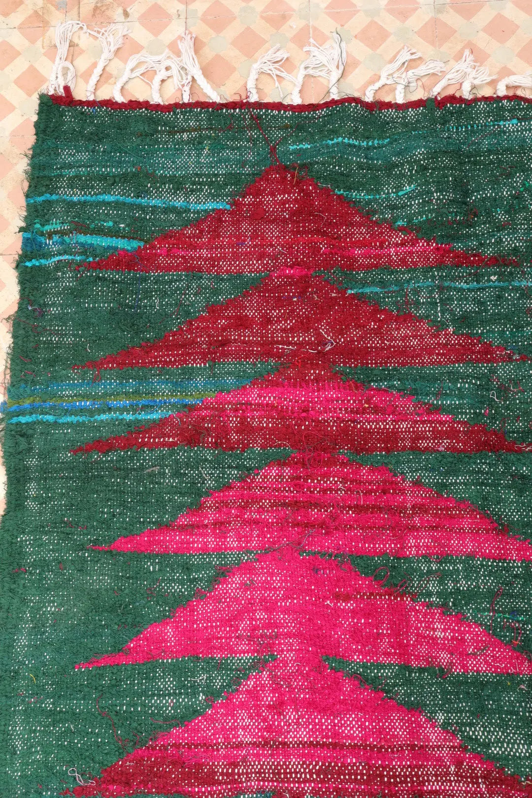 Tapis Berbère Coloré Kilim Boucherouite Vert Sapin et Bordeaux  - 248 x 145 cm Néda