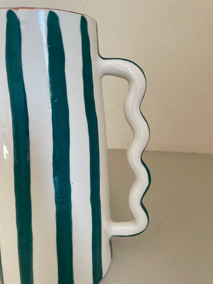 Abstract ceramic vase with green and white green stripes