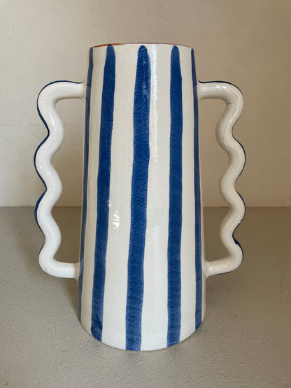 Ceramic abstract vase with blue and white stripes