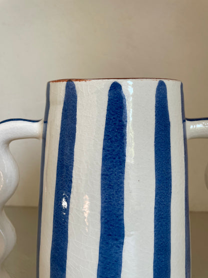 Ceramic abstract vase with blue and white stripes