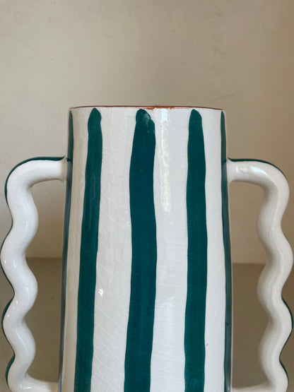 Abstract ceramic vase with green and white green stripes