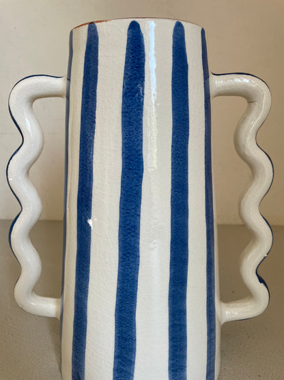 Ceramic abstract vase with blue and white stripes