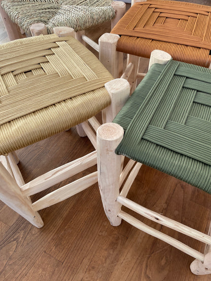 Berber wooden Moroccan stools with a colorful nylon seat